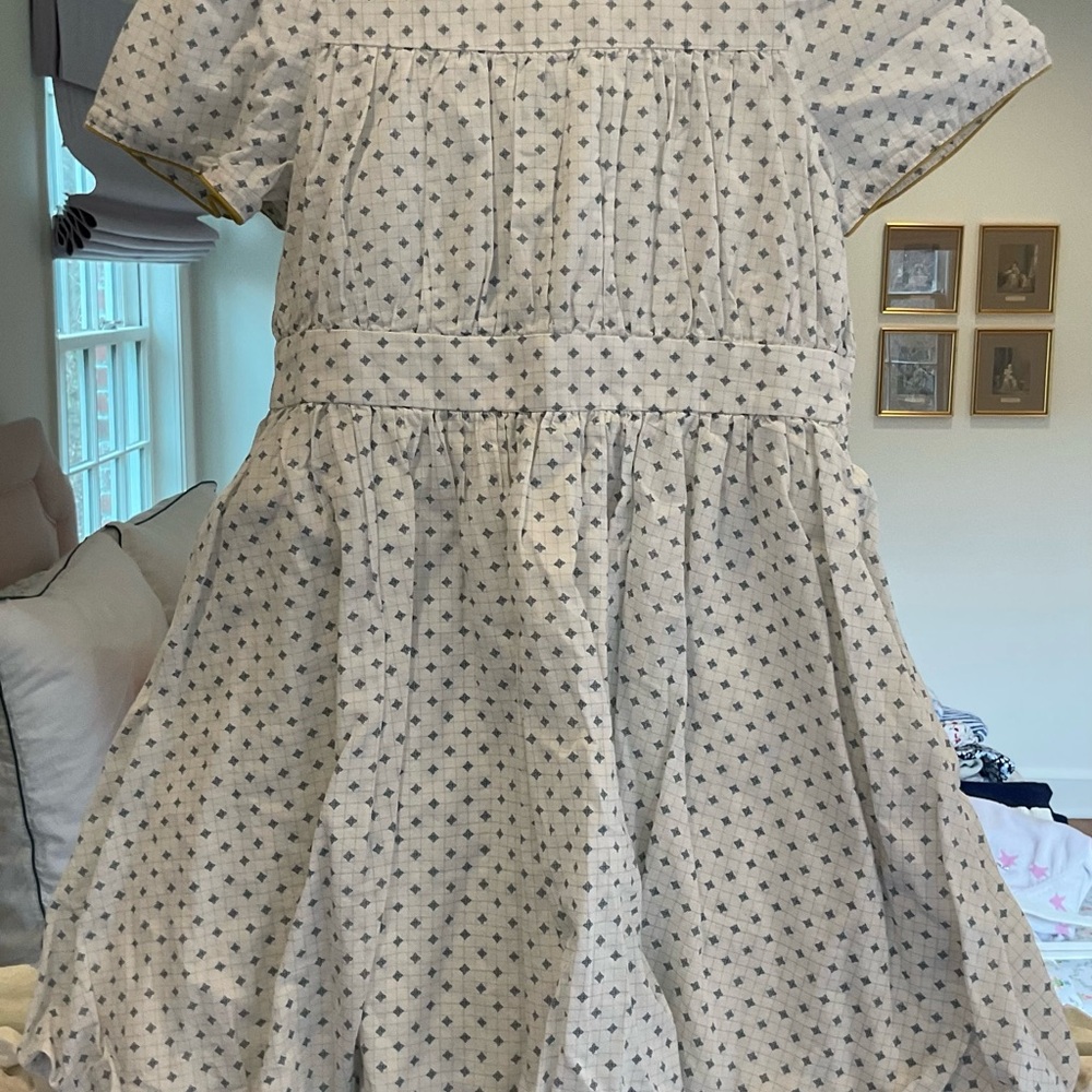 Girls' Short Sleeve Gathered Cotton Dress - White with Navy Motifs